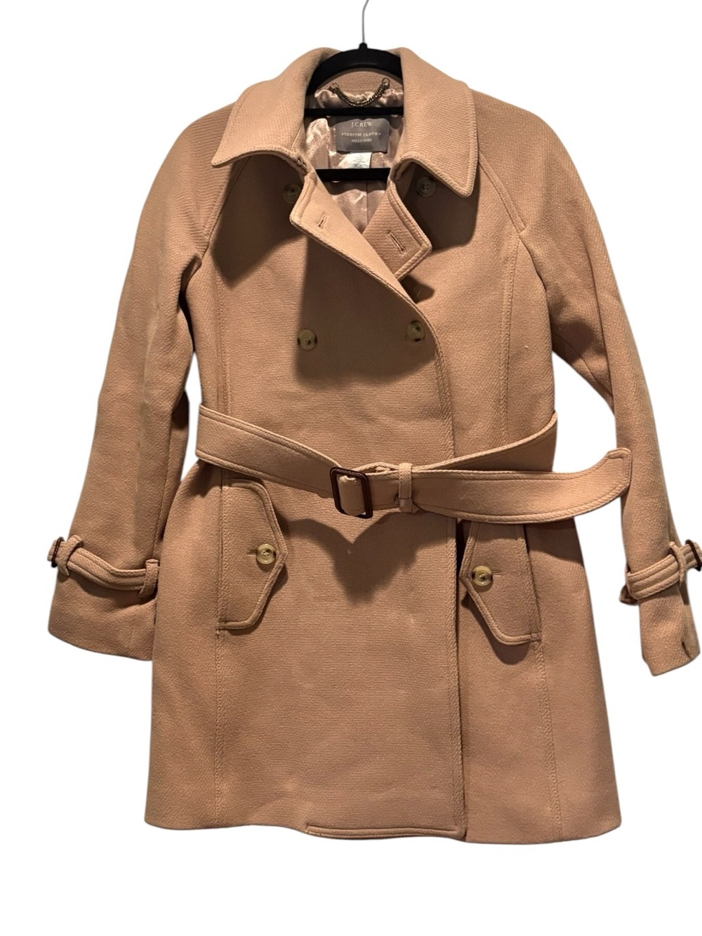 J. Crew - Women's Stadium-Cloth Boulevard Belted Trench Coat, Size 4. Wool Tan
